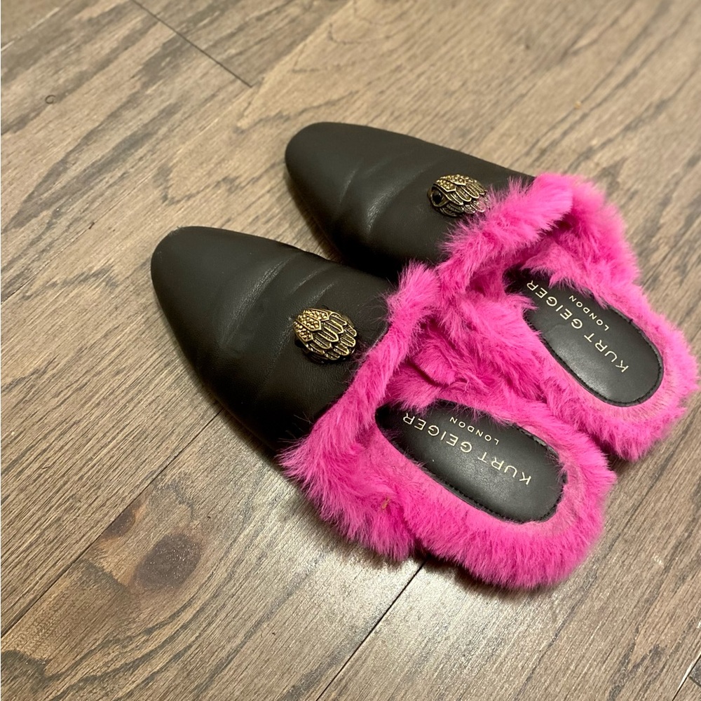 Kurt Geiger Black Leather Mules with Hot Pink Faux Fur Trim